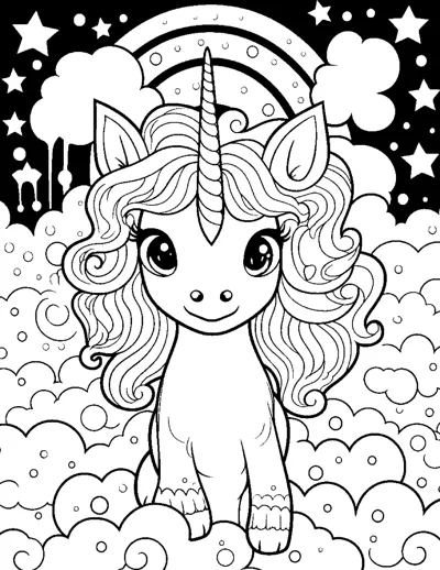 A standing unicorn with a curly mane stands in bubbly clouds against a dark starry sky with a rainbow.