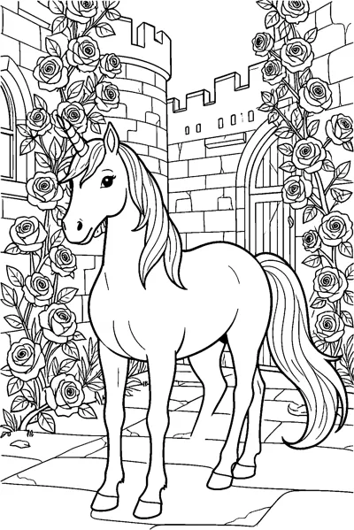 A unicorn stands on paving stones in a castle courtyard with rose vines climbing up the stone walls.