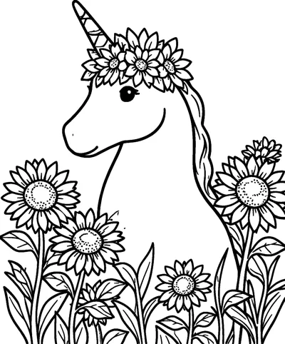 A unicorn head and neck wearing a crown of flowers rises above a field of tall sunflowers.