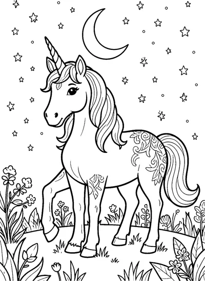 A unicorn with a patterned mane stands in a flower garden under a crescent moon and scattered stars.