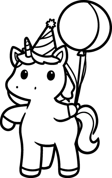 A chubby unicorn wearing a striped party hat holds a balloon on a string with one hoof.