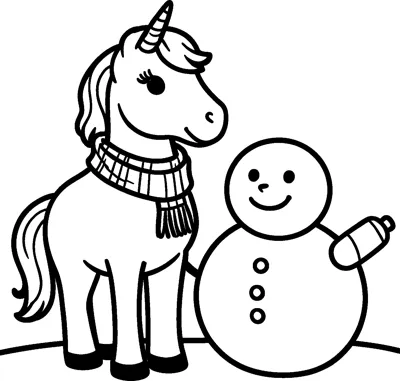 A unicorn wearing a striped scarf stands in the snow next to a smiling snowman with three buttons.