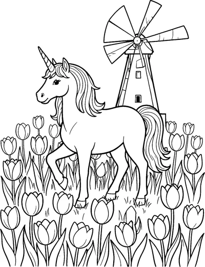 A unicorn walks through a field of tulips with a tall windmill turning its sails behind it.