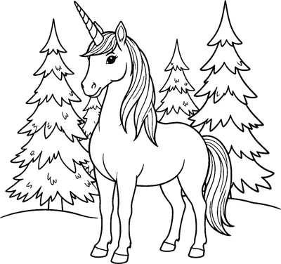 A unicorn with a long mane stands in the snow in front of tall pine trees with snow-laden branches.