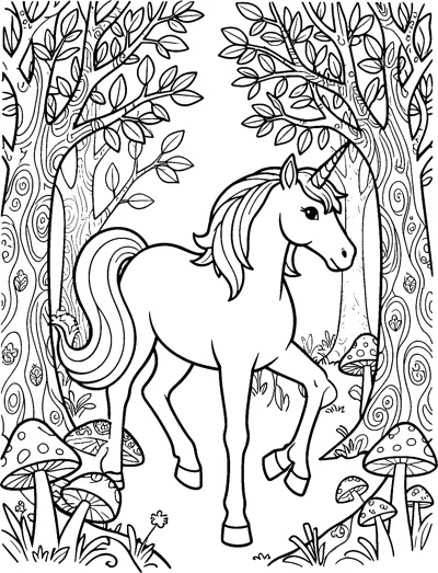 A unicorn with a swirling tail stands among patterned tree trunks, leafy branches and spotted mushrooms.