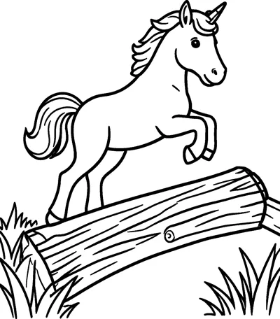 A unicorn with a flowing tail springs over a fallen log with tufts of grass growing on either side.