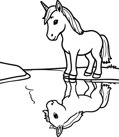 A unicorn stands at the edge of a pond and sees its own face reflected in the still water.