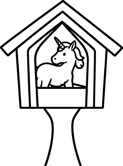A unicorn stands in the window of a little treehouse with a pointed roof on top of a tree trunk.