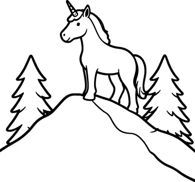 A unicorn stands on the top of a mountain with a pine tree on each side.