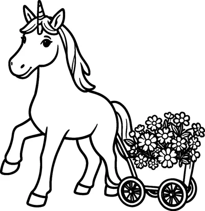 A unicorn lifts one hoof as it pulls a small wheeled cart heaped with daisies and blossoms.