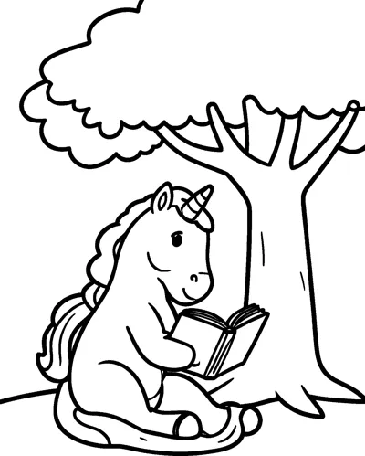 A unicorn sits on the ground under a leafy tree holding an open book in its front hooves.