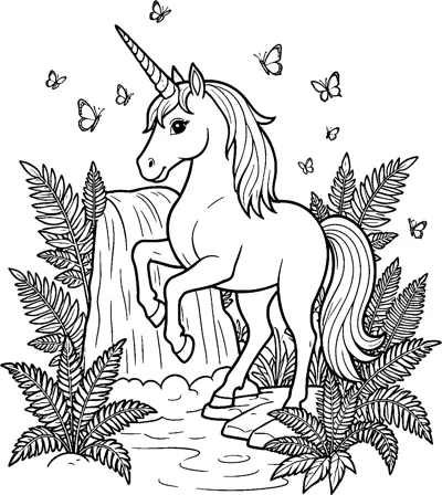 A unicorn rears up beside a waterfall surrounded by ferns while butterflies flutter overhead.