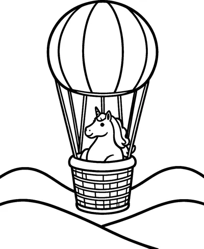 A unicorn peeks out of the basket of a striped hot air balloon floating above rolling hills.