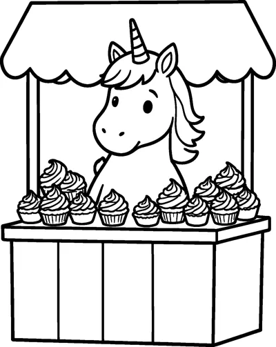 A unicorn stands behind a market stall counter covered in swirly cupcakes under a scalloped awning.