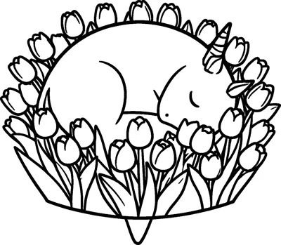 A unicorn curls up asleep in the middle of a round patch of tulips.
