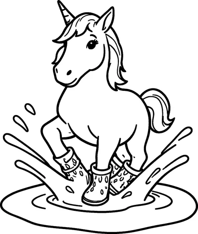 A unicorn wearing rain boots splashes in a big puddle with drops of water flying up.