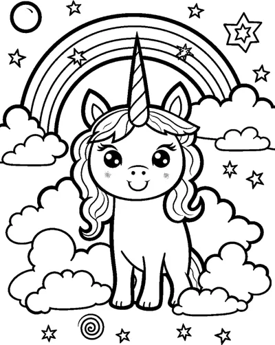 A standing unicorn with a wavy mane stands in front of a large rainbow and clouds.