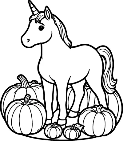 A unicorn stands among pumpkins of different sizes on a round patch of ground.