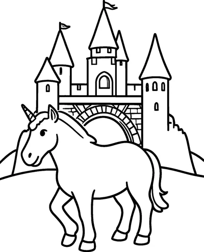 A chunky unicorn stands on a hill in front of a castle with pointed towers, two flags and an arched gateway.