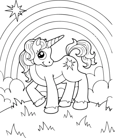 A small unicorn stands in tall grass under a large rainbow with a star above.