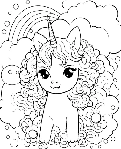 A sitting unicorn with a curly mane is surrounded by countless bubbles and a rainbow.
