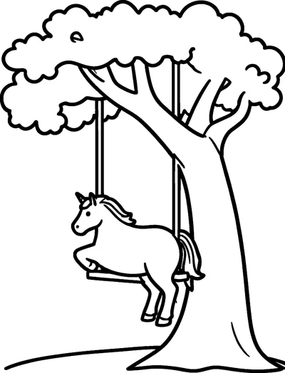 A unicorn sits on a wooden swing that hangs by two ropes from a branch of a big tree.