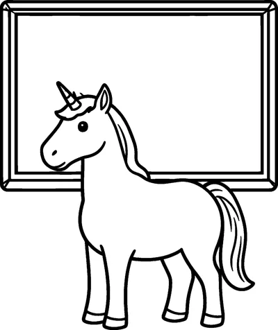 A unicorn stands in a classroom in front of a big blank blackboard in a wooden frame.