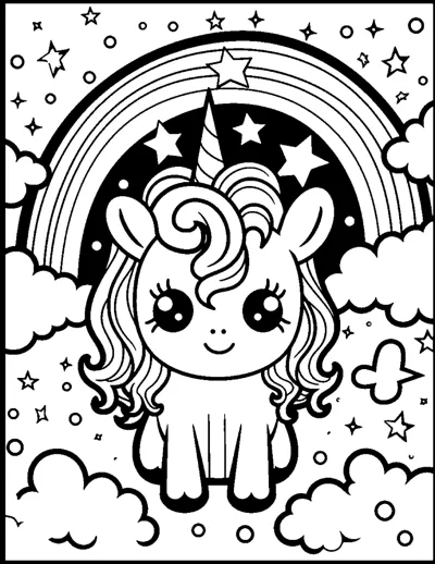 A unicorn stands on clouds under a rainbow with a black starry night sky filling the arch.
