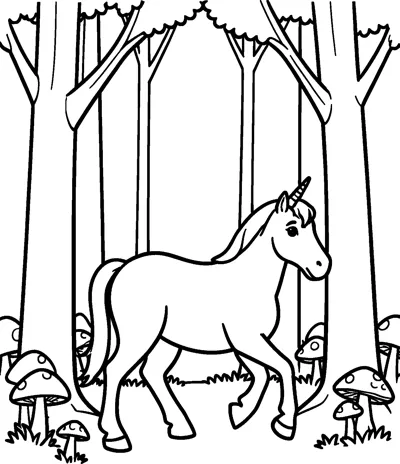 A unicorn with a striped horn walks between tall tree trunks while spotted mushrooms grow in the grass at its feet.