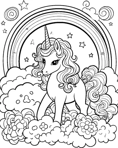 A unicorn with a curly mane walks through clouds filled with small flowers beneath a rainbow.