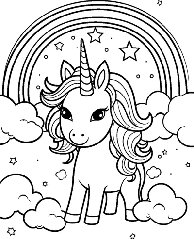 A standing unicorn with a wavy mane walks beneath a tall rainbow with clouds around.