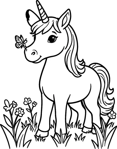 A unicorn stands in a meadow of flowers and grass with a butterfly resting on its nose.