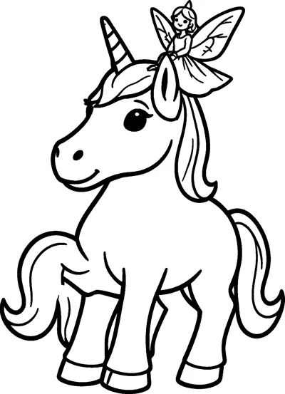 A smiling unicorn lifts one hoof while a tiny winged fairy sits on its mane beside the horn.