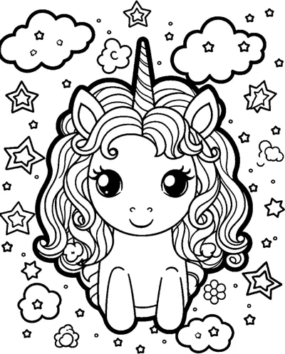 A sitting unicorn with an enormous wavy mane sits among many bubbles, stars and clouds.