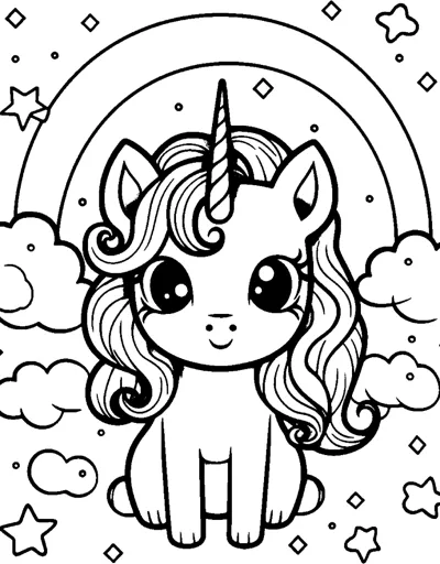 A sitting unicorn with a wavy mane sits under a rainbow with clouds and stars around.
