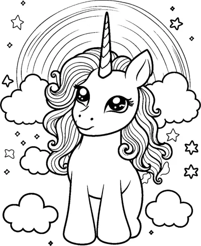 A standing unicorn with a long wavy mane stands beneath a rainbow with clouds around.