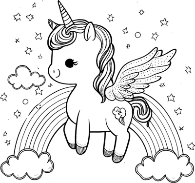 A small winged unicorn flies above a rainbow and clouds with stars in the sky.