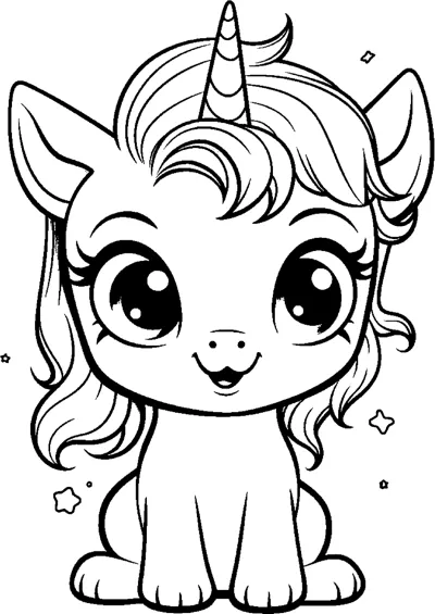 A chubby baby unicorn with huge eyes sits facing forward with a few small stars around it.