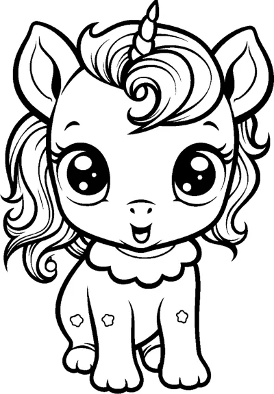 A standing baby unicorn with a ruffled collar and small star marks on its legs.