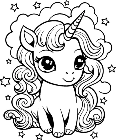 A sitting unicorn with a long curly mane, surrounded by scattered stars.
