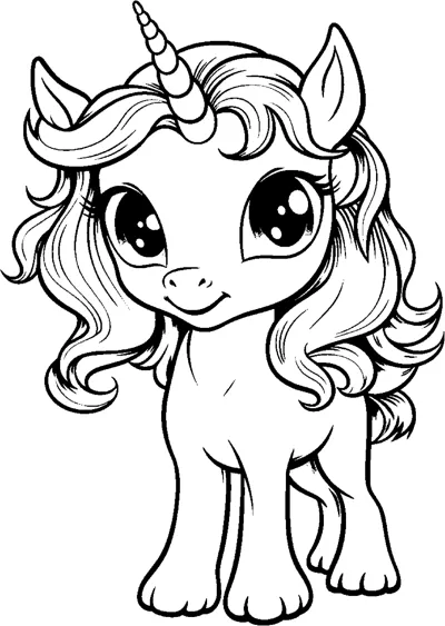 A big-eyed unicorn stands on all fours with a wavy mane and no background.