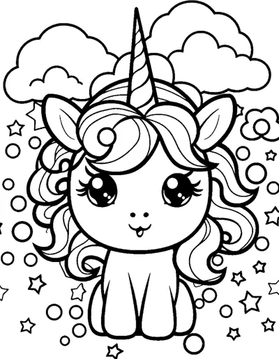 A sitting unicorn with a curly mane, surrounded by clouds, bubbles and stars.