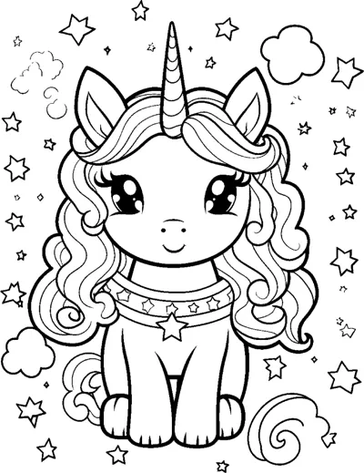 A sitting unicorn wearing a starry collar, with clouds and stars around it.