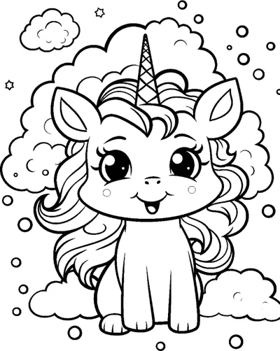 A grinning unicorn with a fluffy mane sits on a cloud with more clouds and dots around.