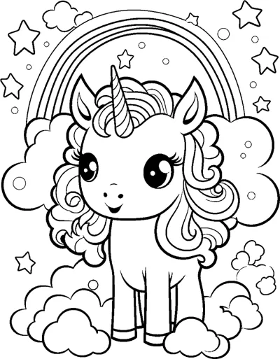 A small unicorn stands on clouds beneath a rainbow with stars in the sky.