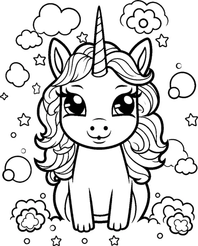 A sitting unicorn with a wavy mane, surrounded by round bubbles and small clouds.