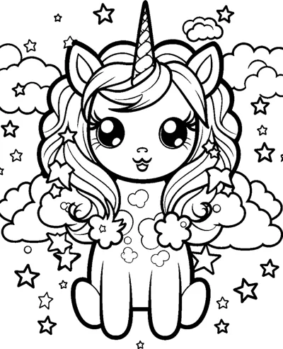 A sitting unicorn with small flowers tucked into its mane, surrounded by stars and clouds.