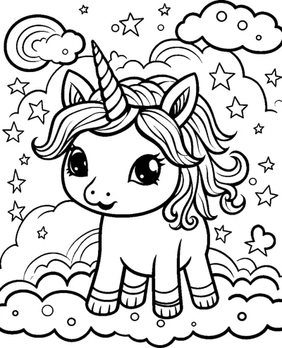 A unicorn with a swirled mane walks across clouds with stars and a rainbow in the sky.