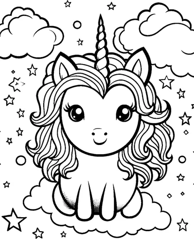 A sitting unicorn with a thick wavy mane, framed by clouds and surrounded by stars.