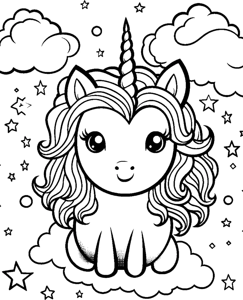 A sitting unicorn with a thick wavy mane, framed by clouds and surrounded by stars.